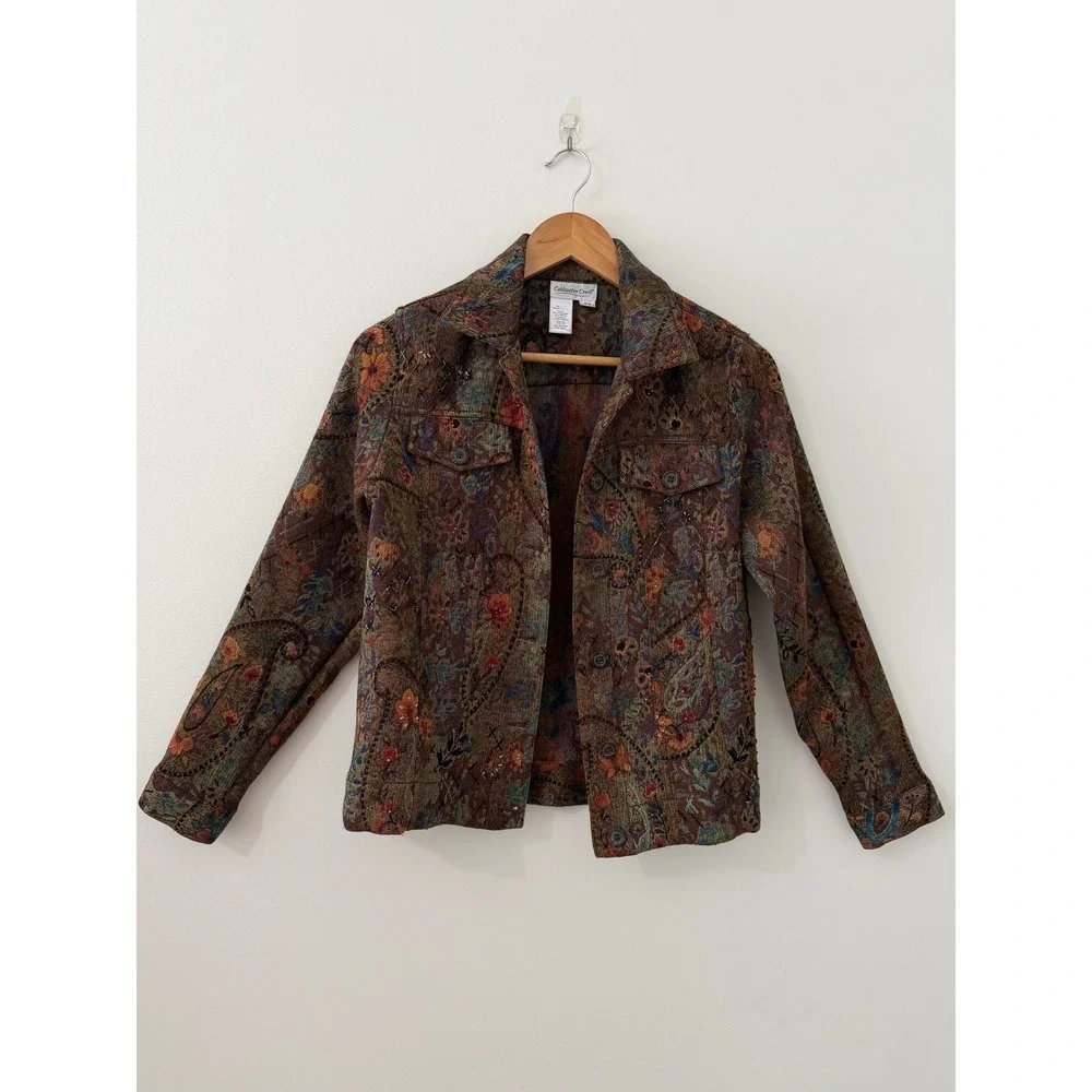 Vintage Y2K Coldwater Creek Tapestry Jacket PS Boho Beaded Floral Paisley Fall